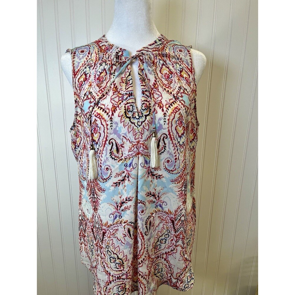 Rose & Olive Sleeveless Peasant Style Blouse, Tie‎ Neck, Gorgeous Colors, Sz Med